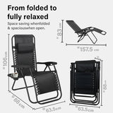 Folding Reclining Adjustable Zero Gravity Lounge Chair, Garden Chair Leisure Beach Chairs with Headrest and Cup Holder, Sun Loungers Powder-Coated Steel Frames, Sunlounger for Deck Chairs, Patio,Black
