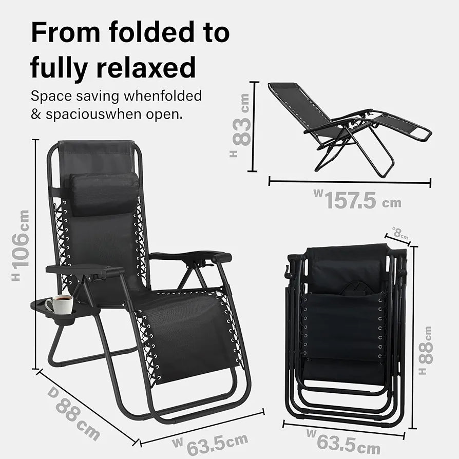 Folding Reclining Adjustable Zero Gravity Lounge Chair, Garden Chair Leisure Beach Chairs with Headrest and Cup Holder, Sun Loungers Powder-Coated Steel Frames, Sunlounger for Deck Chairs, Patio,Black