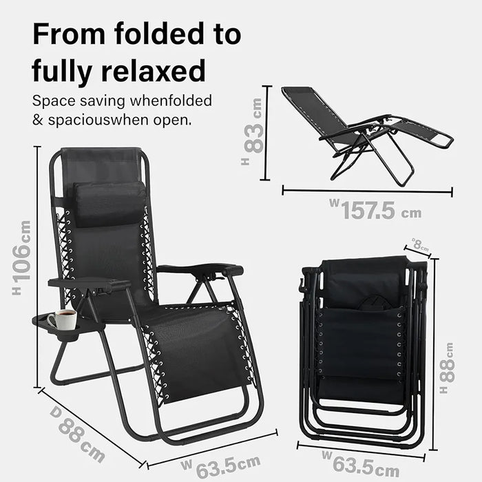 Folding Reclining Adjustable Zero Gravity Lounge Chair, Garden Chair Leisure Beach Chairs with Headrest and Cup Holder, Sun Loungers Powder-Coated Steel Frames, Sunlounger for Deck Chairs, Patio,Black