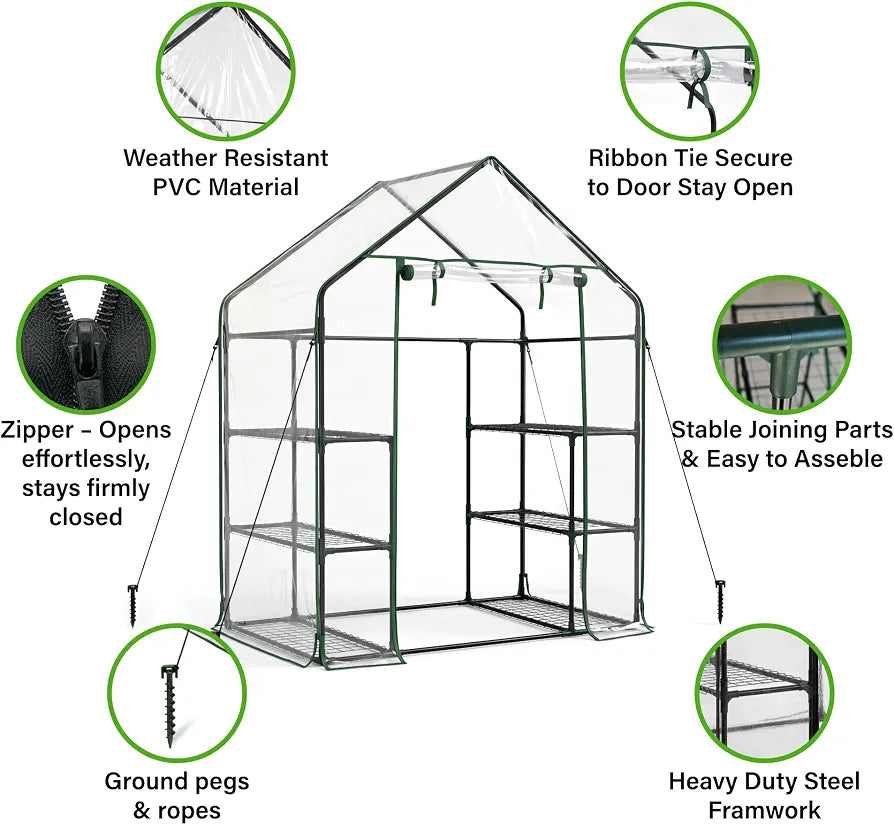 3 Tier Walk In Greenhouse - Shed Metal Frame Green House with 6 Shelves, Weatherproof PVC Plastic Cover and Roll up Zip Panel Door, Ideal for Growing Vegetables, Flowers, Seedlings, Tool-Free Assembly