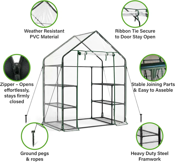 3 Tier Walk In Greenhouse - Shed Metal Frame Green House with 6 Shelves, Weatherproof PVC Plastic Cover and Roll up Zip Panel Door, Ideal for Growing Vegetables, Flowers, Seedlings, Tool-Free Assembly