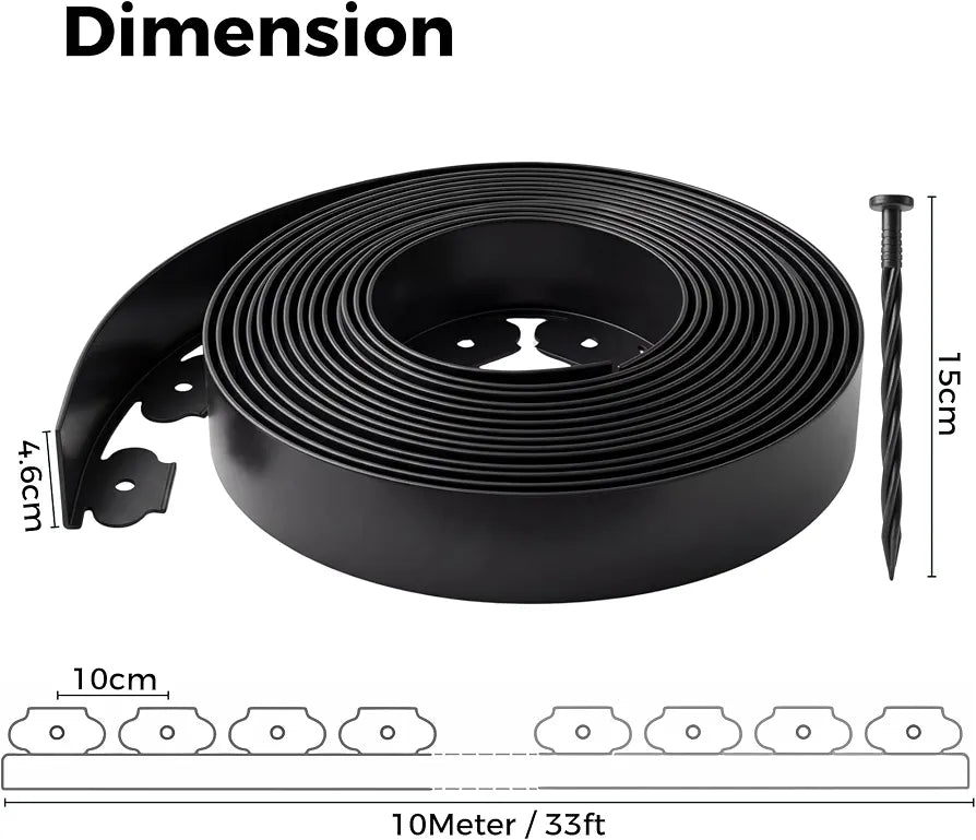Garden Edging Border, 33FT/10M Black Flexible Plastic Lawn Edging with 30 Reinforced Pegs, 4.6CM High Lawn Edging Border - Easy Dig & Cut Installation for Flowerbeds, Lawns & Pathways