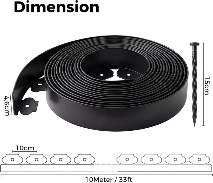 Garden Edging Border, 33FT/10M Black Flexible Plastic Lawn Edging with 30 Reinforced Pegs, 4.6CM High Lawn Edging Border - Easy Dig & Cut Installation for Flowerbeds, Lawns & Pathways