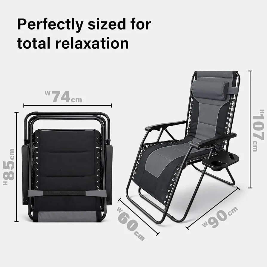 Set of 2 Extra Wide Zero Gravity Chairs, Luxury XXL Premium Heavy Duty Padded Garden Recliners,Sun Lounger Folding Garden Recliner,Adjustable Headrest,Cup & Phone Holder