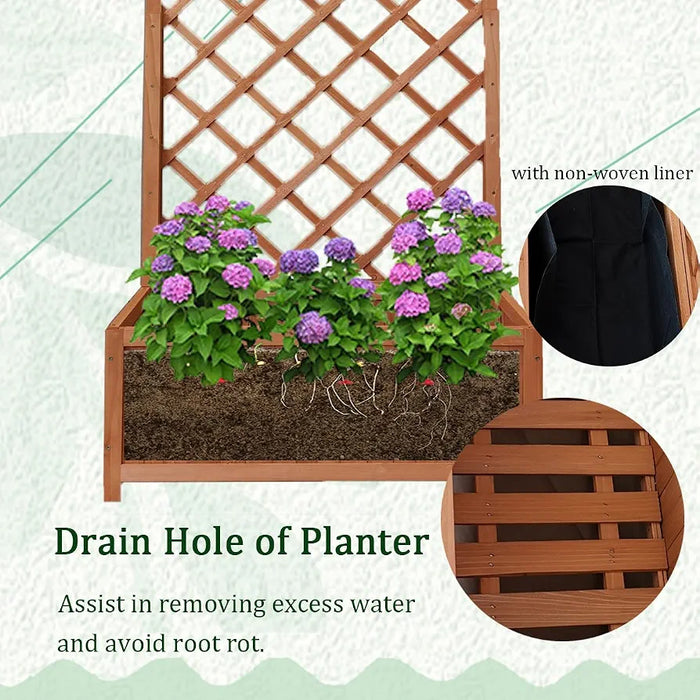 Vivo Technologies Large Rectangular Wooden Planter with Liner and Lattice Trellis Panels for Climbing Plants, 70x30x135cm Flower Plant Pot Box for Garden Patio, Natural