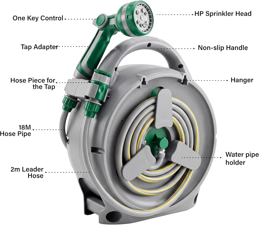 Garden Hose Reel 20M,18m Water Pipe +2m Leader Hose, Hose Pipe Reel with 10 Adjustable Spray Gun Nozzles, Manual Retractable Garden Water Hose Reel,Outdoor Hose Reel Set for Garden Patios,Balconies