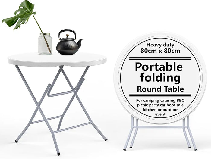 Vivo Technologies 80cm Round Folding Table, Portable Plastic Garden Table for Camping, Catering, BBQ, Picnic, Party, Car Boot Sales, Dining, Kitchen & Outdoor Events, White