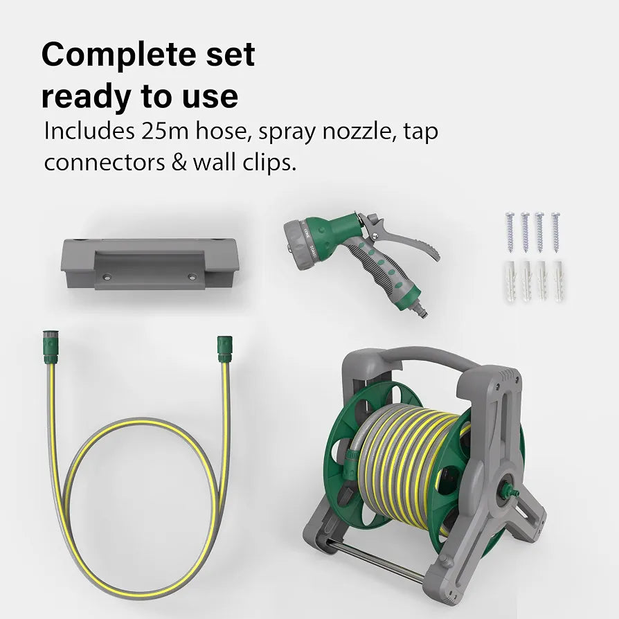 Garden Hose Reel 25M , 2-in-1 as Free Standing or Wall Mounted Hosepipe,Complete with 7 Spray Gun, Nozzle and Fittings, Robust Frame for Stability, Compact Hose Reel Flexibility Use