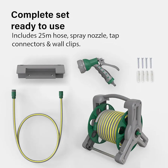 Garden Hose Reel 25M , 2-in-1 as Free Standing or Wall Mounted Hosepipe,Complete with 7 Spray Gun, Nozzle and Fittings, Robust Frame for Stability, Compact Hose Reel Flexibility Use