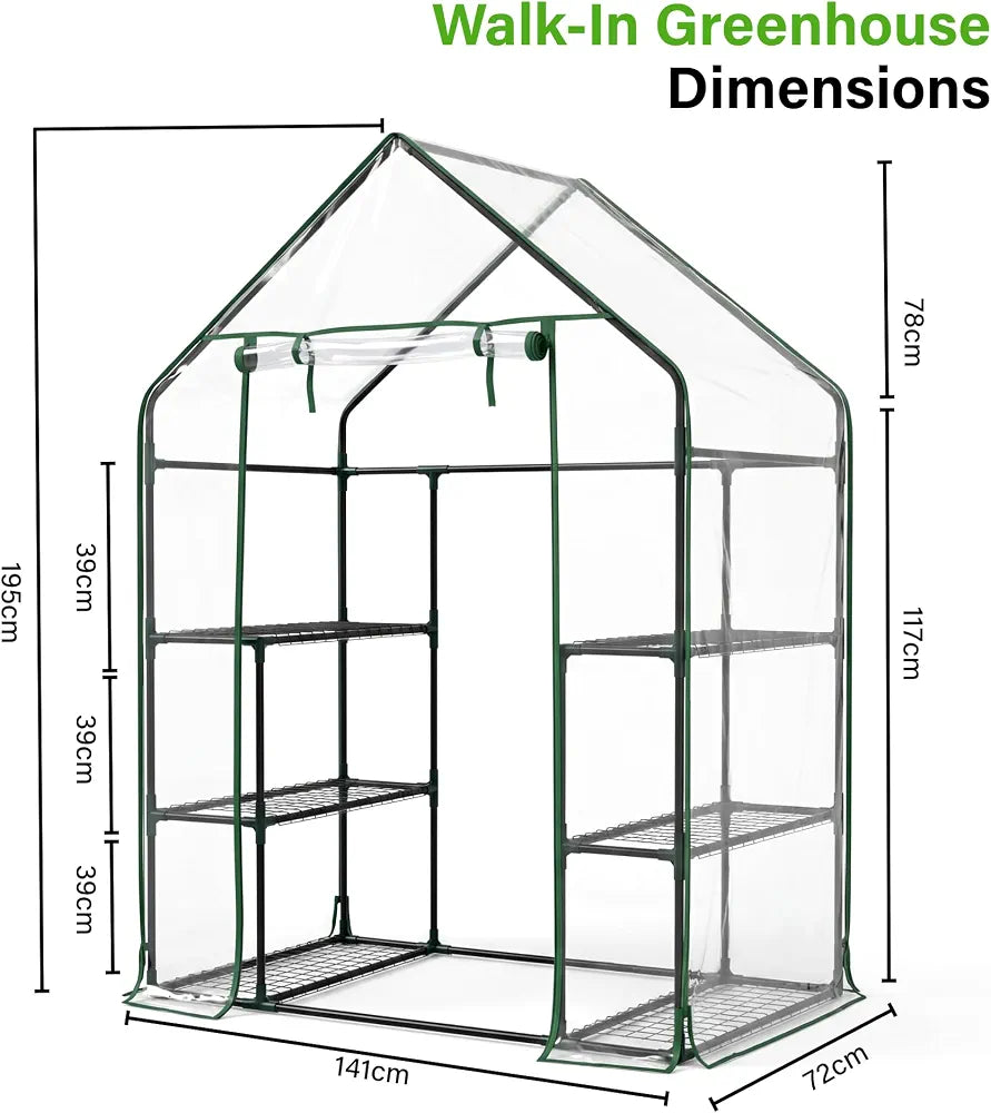 3 Tier Walk In Greenhouse - Shed Metal Frame Green House with 6 Shelves, Weatherproof PVC Plastic Cover and Roll up Zip Panel Door, Ideal for Growing Vegetables, Flowers, Seedlings, Tool-Free Assembly
