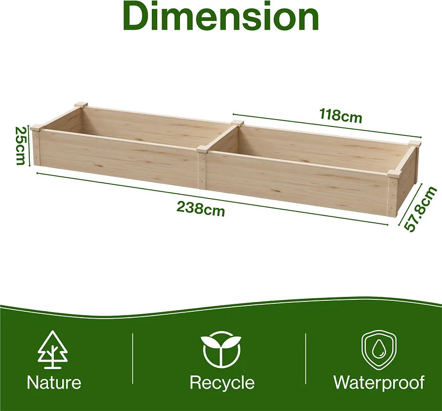 Wooden Raised Garden Bed, Elevated Planter Box Kit with Open-ended Base with Two Growing Areas Raised Vegetable Flowers Herbs Garden Beds for Outdoor Patio Backyard, 238x57.8x25cm