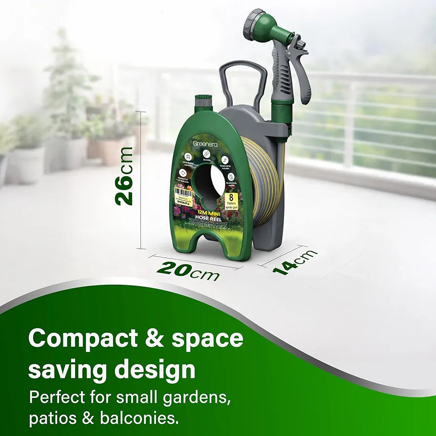 Garden Hose Reel 12M, 39ft Compact Hosepipe with 8-Pattern Water Spray Gun, Adjustable Nozzles, Portable Compact Hosepipe Mini Garden Hose Pipe Reel for Gardens, Patio Balconies