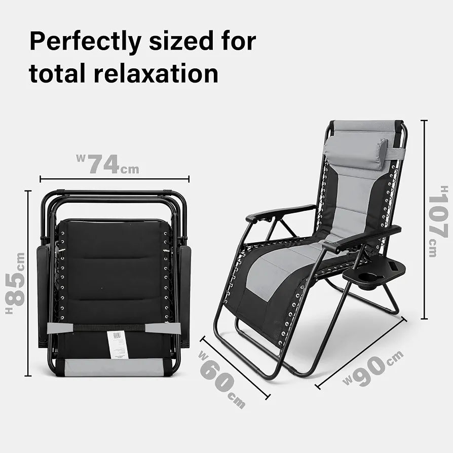 Set of 2 Extra Wide Zero Gravity Chairs, Luxury XXL Premium Heavy Duty Padded Garden Recliners,Sun Lounger Folding Garden Recliner,Adjustable Headrest,Cup & Phone Holder