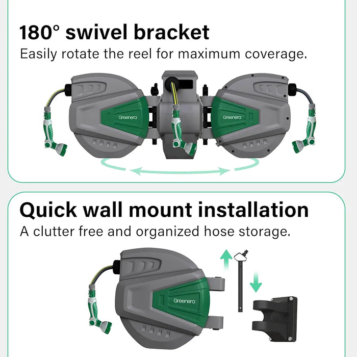 Wall Mounted Garden Hose Reel, 20+2m Retractable Hose Pipe, Auto Rewind System, Easy to Install, Any Length Lock,180°Swivel Bracket, Heavy Duty Water Hose Reel