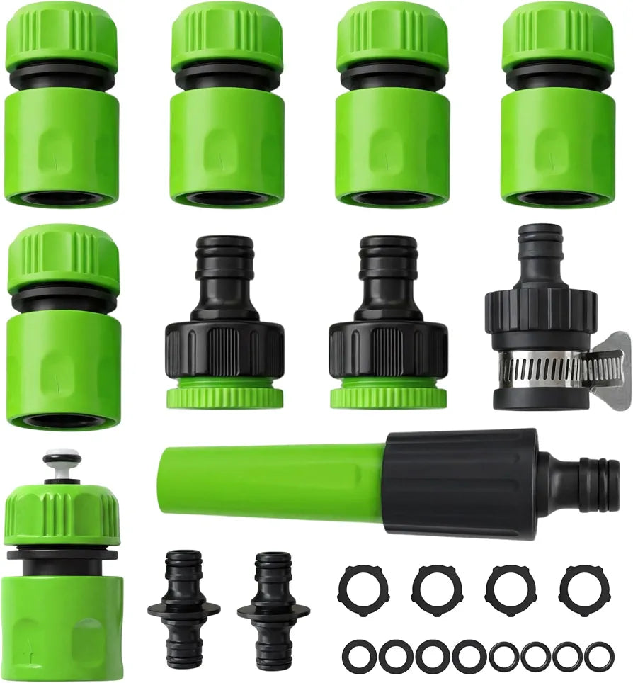 Garden Hose Connector Set 24 Pack | 1 Nozzle | 5 Hose End Connectors | 1 Hose Waterstop | 2 Double Male Snap | 2 Hosepipe Tap Fitting 1/2 & 3/4 Inch for Joining Hose Pipe