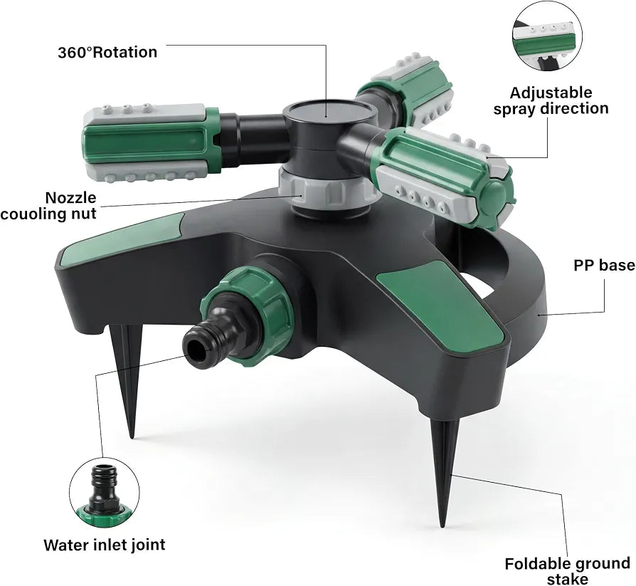 Garden Sprinkler with Spikes | 3 Spray Patterns | 360° Lawn Watering Sprinklers | 3 Arms Adjustable Water Sprinkler | Large Spray Coverage for Garden Plants Irrigation