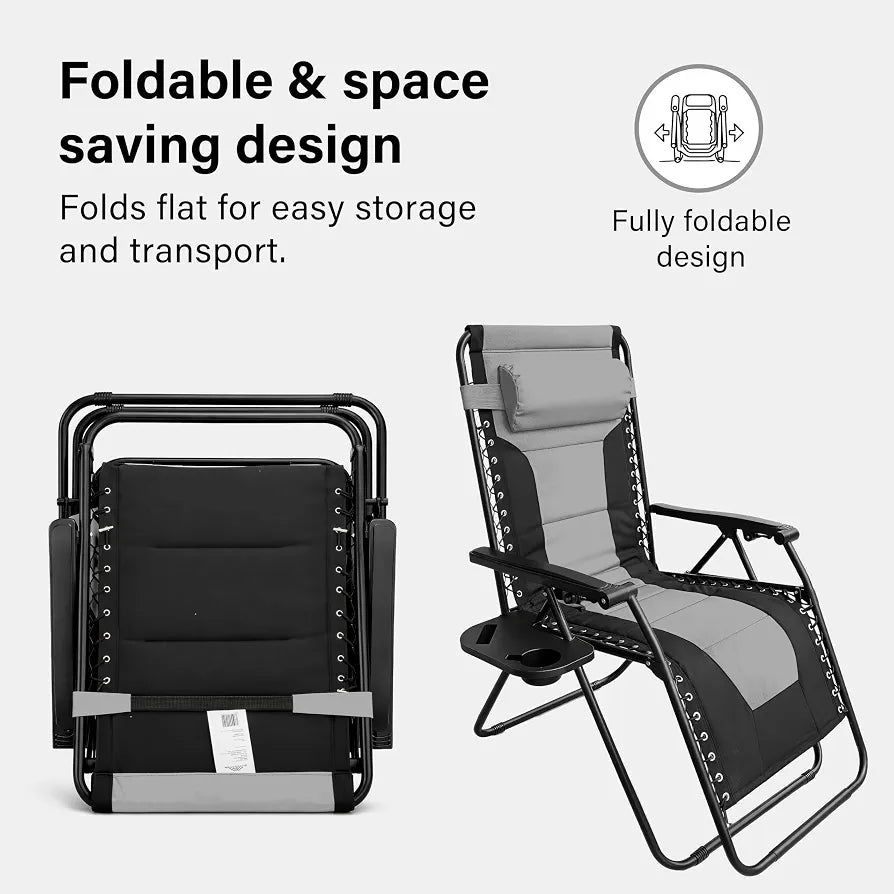 Set of 2 Extra Wide Zero Gravity Chairs, Luxury XXL Premium Heavy Duty Padded Garden Recliners,Sun Lounger Folding Garden Recliner,Adjustable Headrest,Cup & Phone Holder
