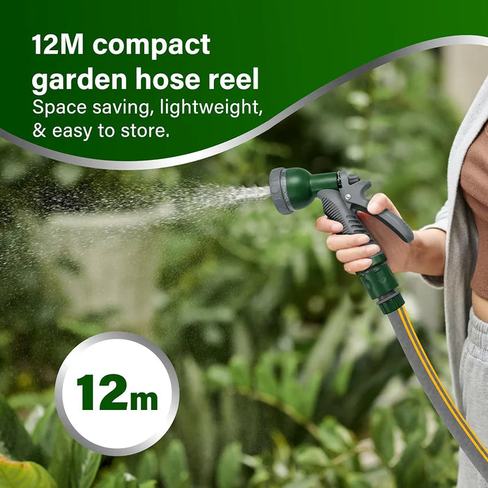 Garden Hose Reel 12M, 39ft Compact Hosepipe with 8-Pattern Water Spray Gun, Adjustable Nozzles, Portable Compact Hosepipe Mini Garden Hose Pipe Reel for Gardens, Patio Balconies