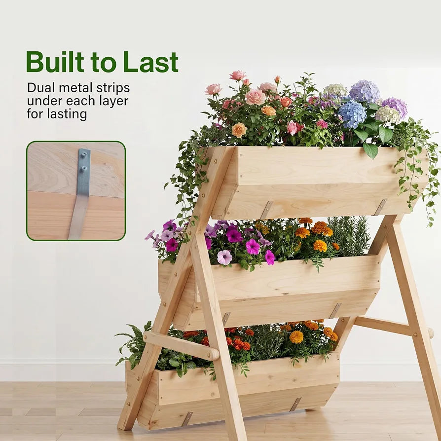 3-Tier Raised Garden Bed, Large Wooden Elevated Planter Box for Vegetables, Herbs & Flowers, Natural Wood Plant Stand for Outdoor Patio