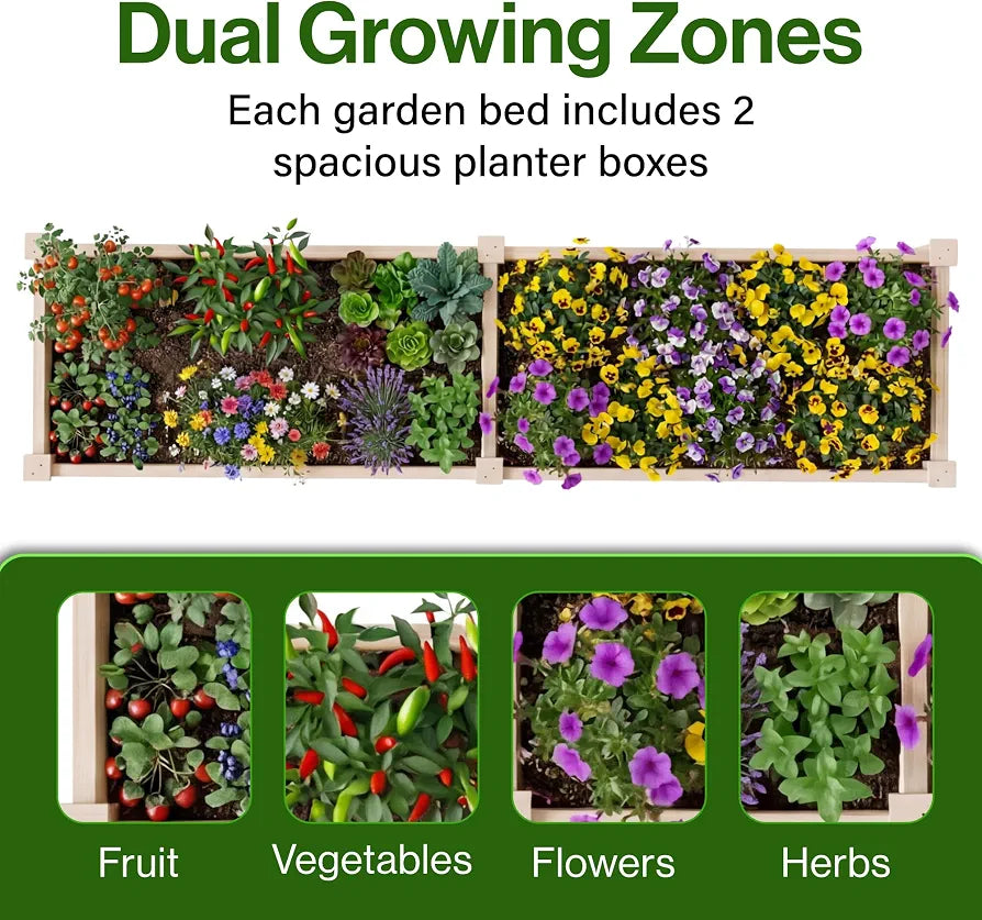 Wooden Raised Garden Bed, Elevated Planter Box Kit with Open-ended Base with Two Growing Areas Raised Vegetable Flowers Herbs Garden Beds for Outdoor Patio Backyard, 238x57.8x25cm