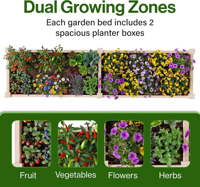 Wooden Raised Garden Bed, Elevated Planter Box Kit with Open-ended Base with Two Growing Areas Raised Vegetable Flowers Herbs Garden Beds for Outdoor Patio Backyard, 238x57.8x25cm