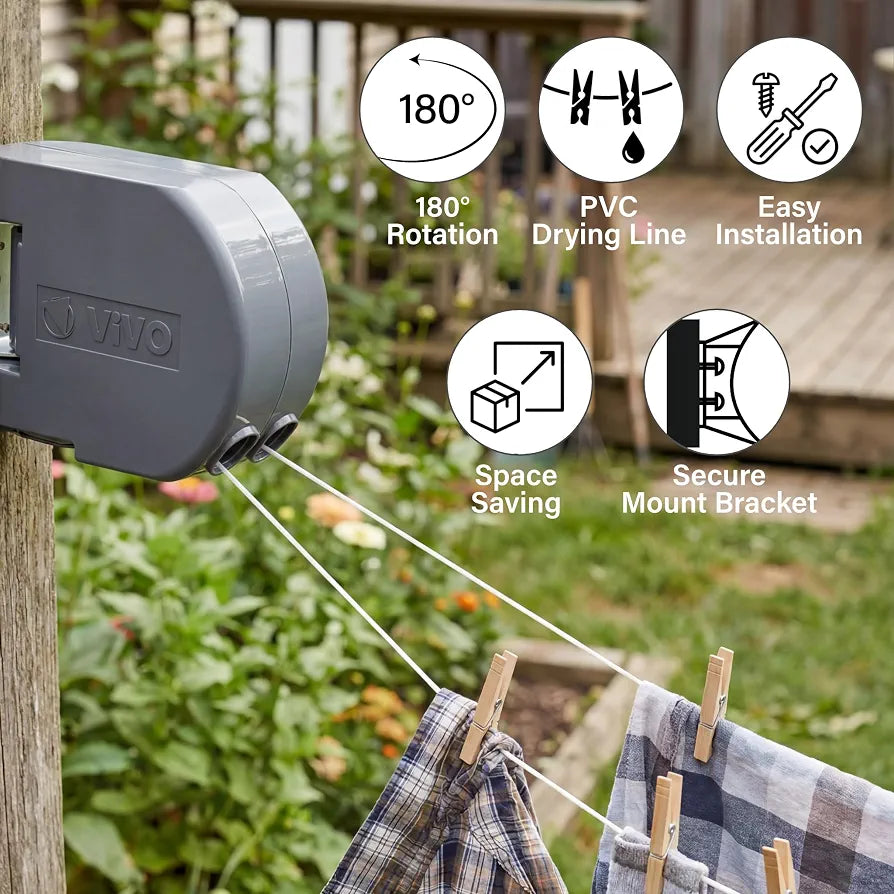 Retractable Washing Line 30 Meter, Heavy Duty Dual Clothes Line, Wall Mounted Clothes Dryer for Indoor and Outdoor Use, Automatic Retractable & Space-Saving, 15KG Capacity, Grey