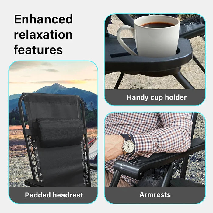 Folding Reclining Adjustable Zero Gravity Lounge Chair, Garden Chair Leisure Beach Chairs with Headrest and Cup Holder, Sun Loungers Powder-Coated Steel Frames, Sunlounger for Deck Chairs, Patio,Black