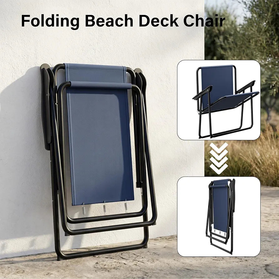 Folding Beach Deck Chairs - Pack of 2, Metal Outdoor Lightweight Deck Chair with Armrests, Portable & Easy to Store, Suitable for Camping, Garden, Picnic & Fishing - Navy Blue