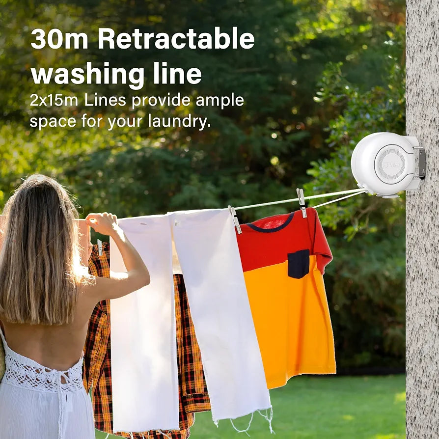 Retractable Washing Line 30m Outdoor, Heavy Duty Wall Mounted Double Washing Lines Extendable Clothes Line Laundry Drying Line for Drying Space, White