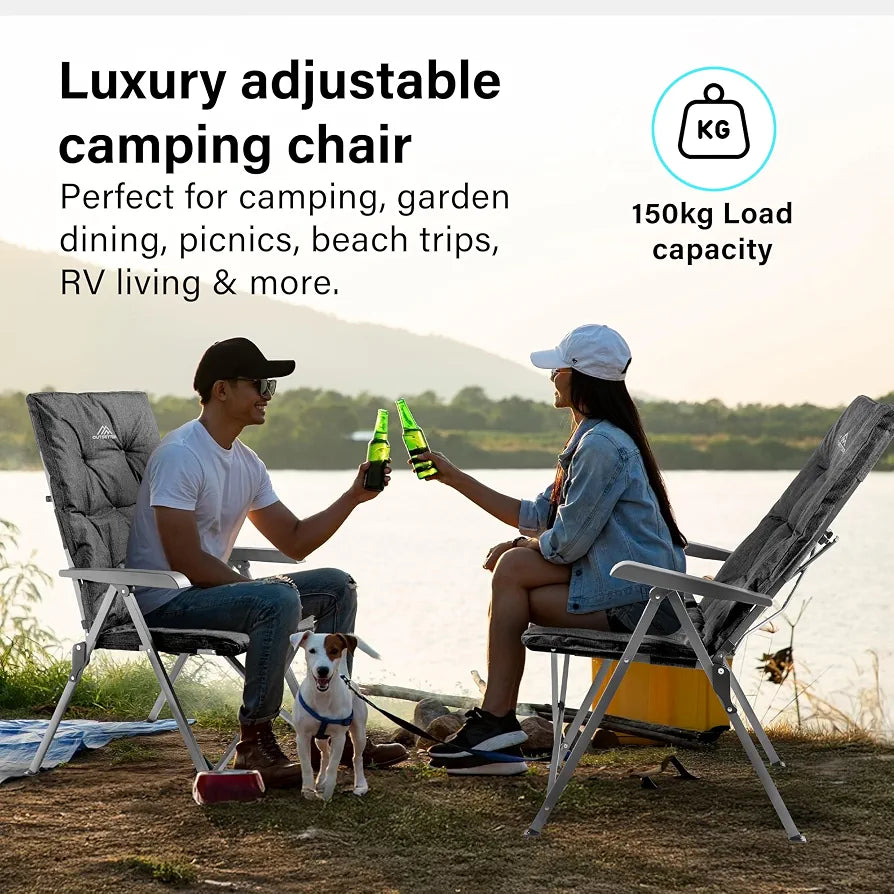 Luxury Adjustable Camping Chair for Adults Heavy Duty Outdoor 4-Position High Back Oversized Garden Padded Folding Chair for Caravan Dining Beach Picnic Fishing 150kg Load Capacity Black