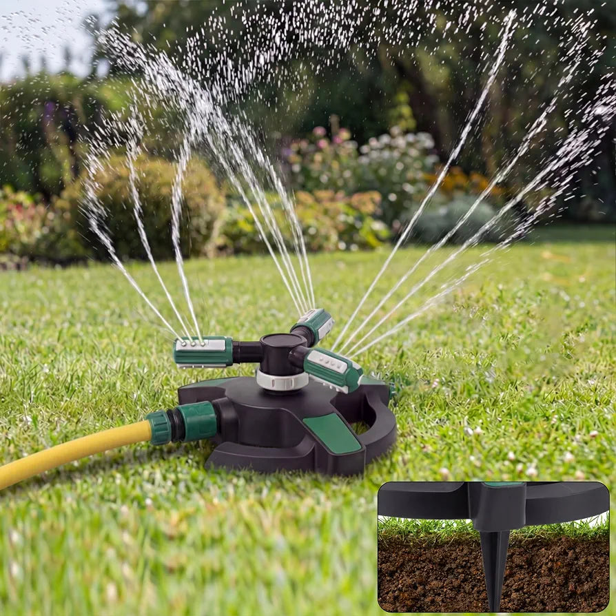 Garden Sprinkler with Spikes | 3 Spray Patterns | 360° Lawn Watering Sprinklers | 3 Arms Adjustable Water Sprinkler | Large Spray Coverage for Garden Plants Irrigation