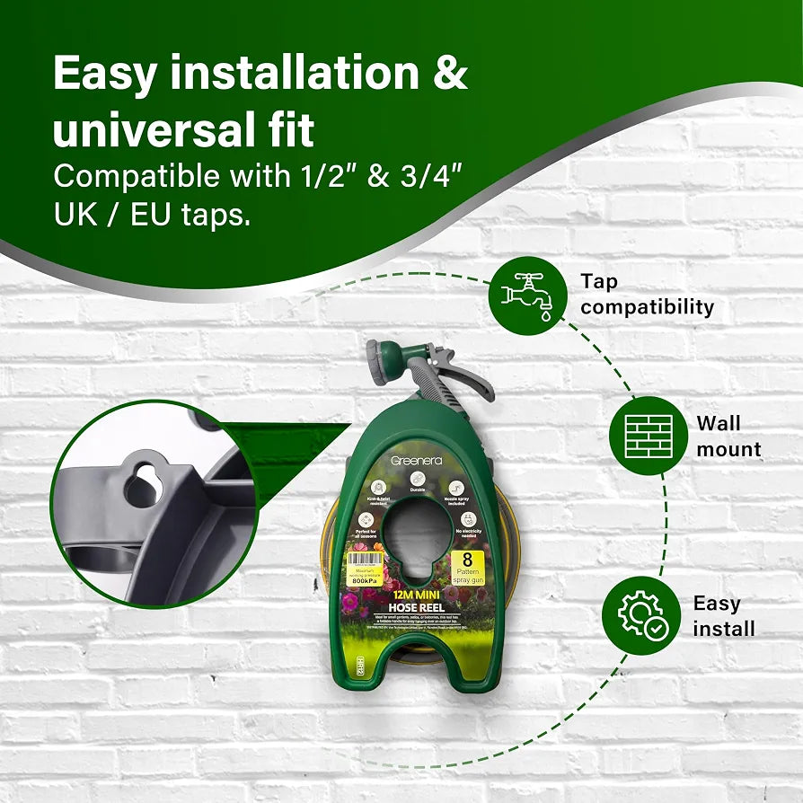 Garden Hose Reel 12M, 39ft Compact Hosepipe with 8-Pattern Water Spray Gun, Adjustable Nozzles, Portable Compact Hosepipe Mini Garden Hose Pipe Reel for Gardens, Patio Balconies