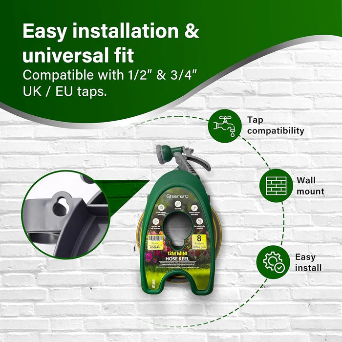 Garden Hose Reel 12M, 39ft Compact Hosepipe with 8-Pattern Water Spray Gun, Adjustable Nozzles, Portable Compact Hosepipe Mini Garden Hose Pipe Reel for Gardens, Patio Balconies