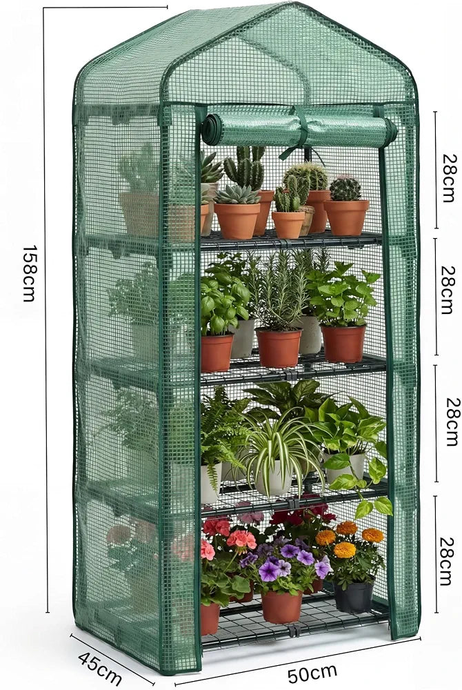 4 Tier Mini PE Greenhouse, Portable Green Houses with 4 Shelves and Shed Metal Frame, Weatherproof PE Plastic Cover & Roll up Zip Panel Door, Outdoor & Indoor, 50x45x158CM - Easy No Tool Assembly