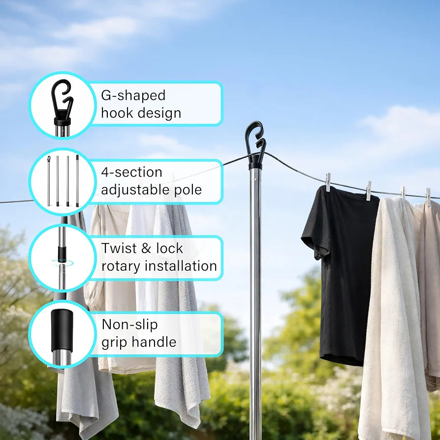 2.4M Stainless Steel Washing Line Pole, Heavy Duty Adjustable Clothes Props for Washing Line Outside, 4-Section Telesopic Clothes Line Prop, Home Garden Washing Poles for Laundry Support Pack of 2