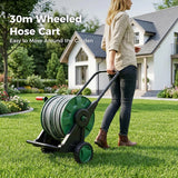 30M Garden Hose Pipe Reel Cart on Wheels | 28.5m Water Pipe | 1.5m Leader Hose | Hosepipe Trolley with Rewind Handle | 7 Mode Spray Gun | Freestanding | Tap Connectors | Car Pressure Washer Compatible