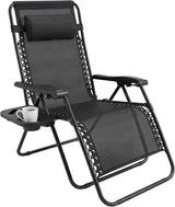 Folding Reclining Adjustable Zero Gravity Lounge Chair, Garden Chair Leisure Beach Chairs with Headrest and Cup Holder, Sun Loungers Powder-Coated Steel Frames, Sunlounger for Deck Chairs, Patio,Black