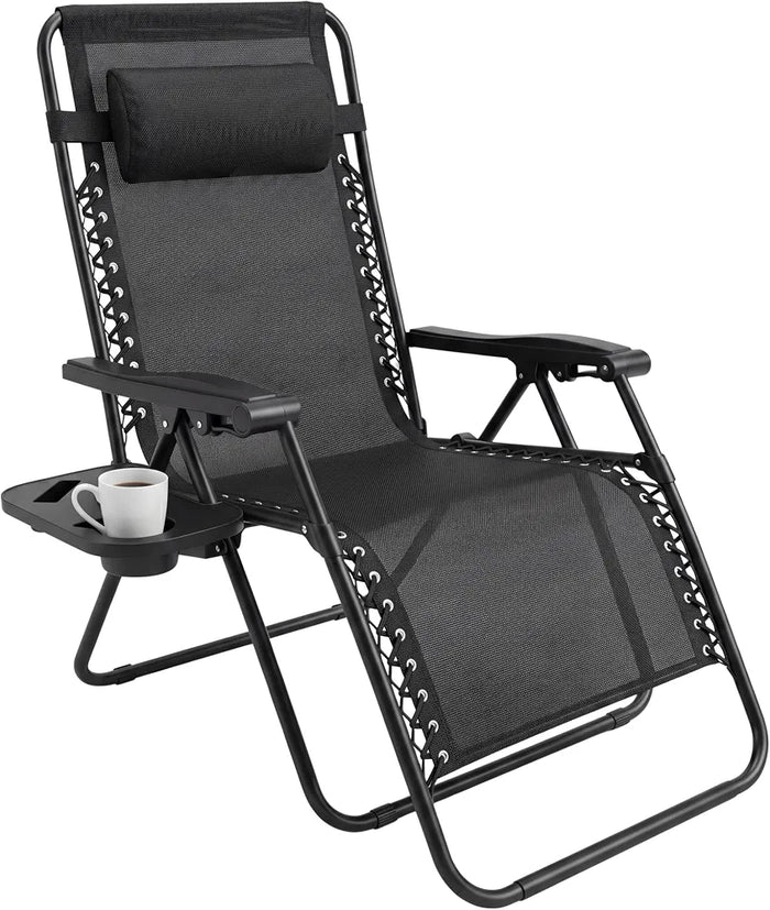 Folding Reclining Adjustable Zero Gravity Lounge Chair, Garden Chair Leisure Beach Chairs with Headrest and Cup Holder, Sun Loungers Powder-Coated Steel Frames, Sunlounger for Deck Chairs, Patio,Black