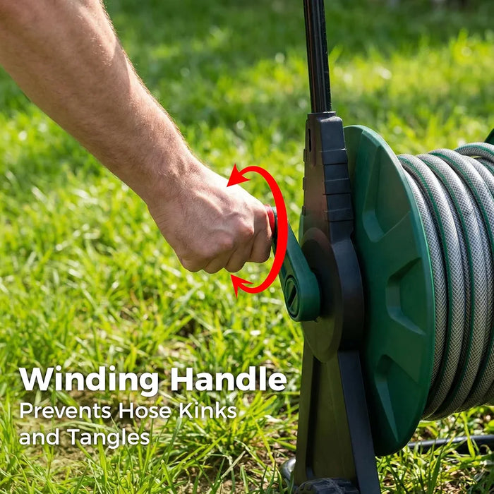 30M Garden Hose Pipe Reel Cart on Wheels | 28.5m Water Pipe | 1.5m Leader Hose | Hosepipe Trolley with Rewind Handle | 7 Mode Spray Gun | Freestanding | Tap Connectors | Car Pressure Washer Compatible