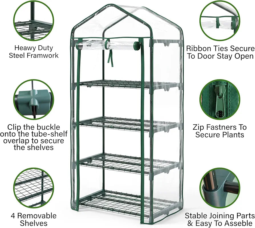 4 Tier Mini Greenhouse, Small Portable Compact Garden Grow House Plant Greenhouses , Basic Green House with Weatherproof PVC Plastic Cover Indoor outdoor