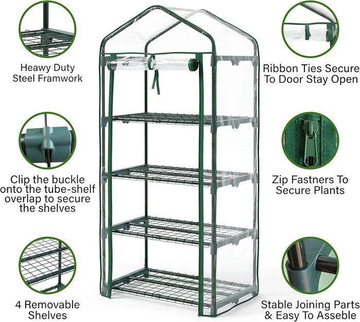 4 Tier Mini Greenhouse, Small Portable Compact Garden Grow House Plant Greenhouses , Basic Green House with Weatherproof PVC Plastic Cover Indoor outdoor