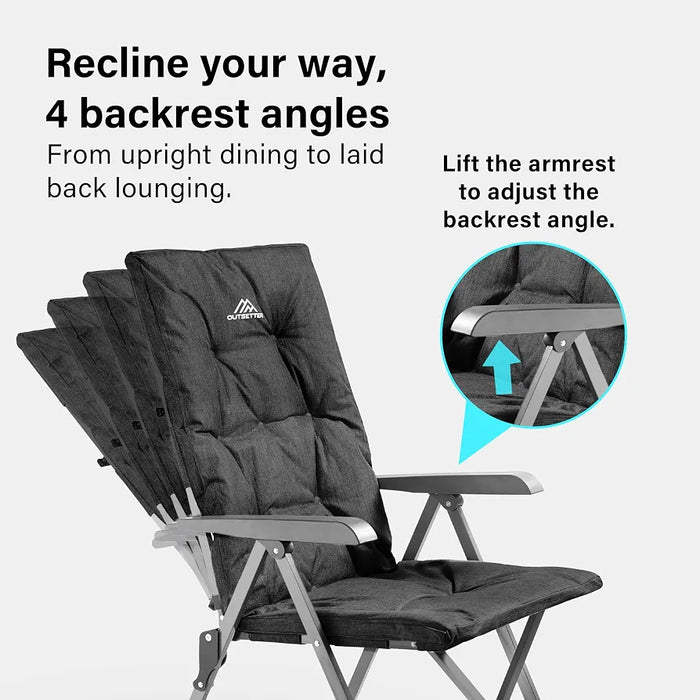 Luxury Adjustable Camping Chair for Adults Heavy Duty Outdoor 4-Position High Back Oversized Garden Padded Folding Chair for Caravan Dining Beach Picnic Fishing 150kg Load Capacity Black
