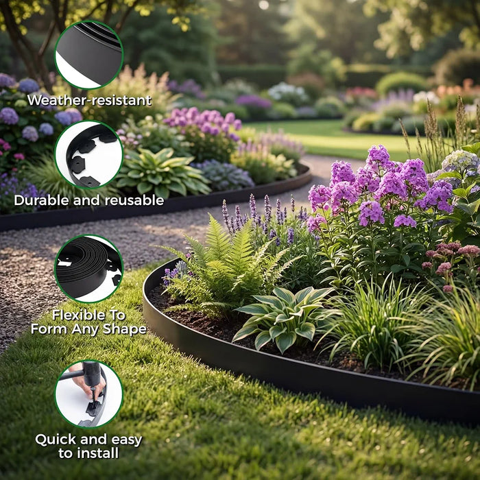 Garden Edging Border, 33FT/10M Black Flexible Plastic Lawn Edging with 30 Reinforced Pegs, 4.6CM High Lawn Edging Border - Easy Dig & Cut Installation for Flowerbeds, Lawns & Pathways