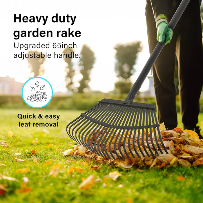 Garden Rake Heavy Duty, 25-tooth Metal Rake Upgraded 65-inch Adjustable Long Handle, Wide Metal Head for Leaf Yard Cleanup & Lawn Levelling Garden Leveller