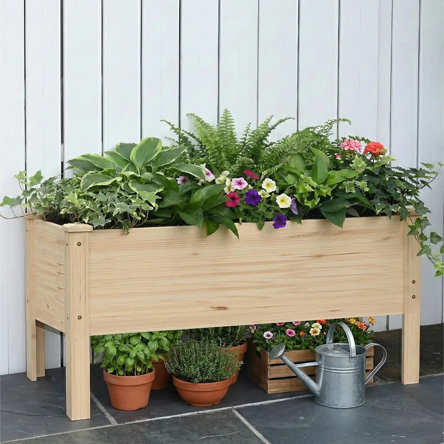 Natural Raised Bed for Garden, Wooden Elevated Rectangle Planter Box for Vegetables Flowers Herbs Gardening, 119x42x51 cm