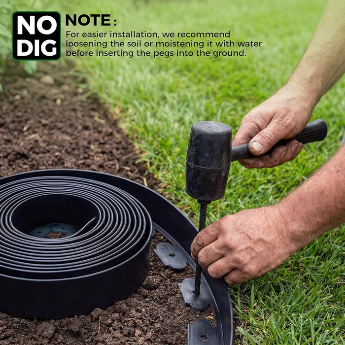 Garden Edging Border, 33FT/10M Black Flexible Plastic Lawn Edging with 30 Reinforced Pegs, 4.6CM High Lawn Edging Border - Easy Dig & Cut Installation for Flowerbeds, Lawns & Pathways