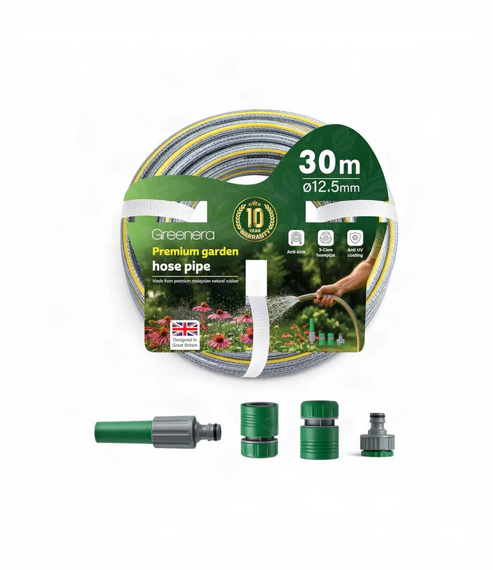 Garden Hose Pipe, 12.5mm x 30m Starter Set, Including 2 in 1 Faucet Tap Adapter, Hose End Quick Connector and Sprayer, Re-Enforced PVC Layering, Hard-Wearing Hosepipe for Outdoor Garden Car Washing