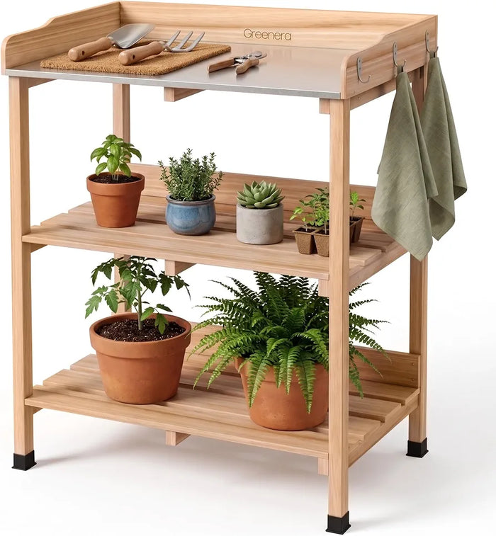 3 Tier Garden Potting Table, Wooden Potting Bench with 6 Hooks and Shelves, Garden Table Garden Work Station Outdoor Potting Table for Patios,Courtyards, Garden, 91.5cm x 75cm x 36.5cm