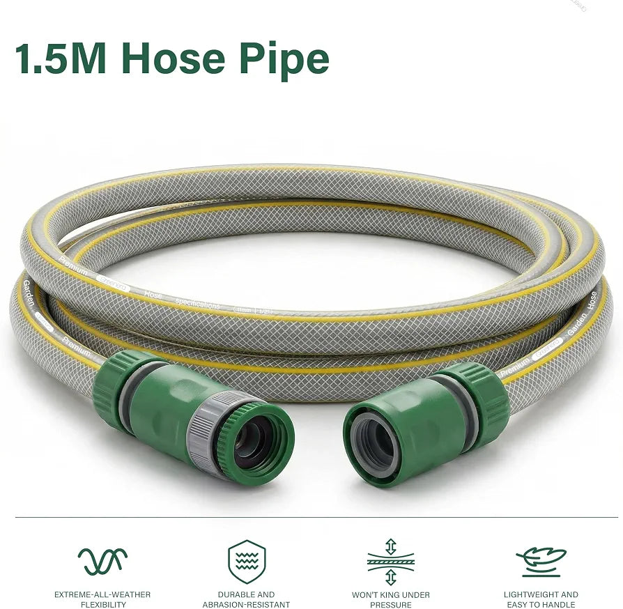 1.5m Short Hose Pipe ø 11 mm  | Universal Connection Kit | Small Hosepipe Including 3/4'' Male Threaded | 2 in 1 Tap Adapter | Fitting Kit for Garden Hose Reel Cart