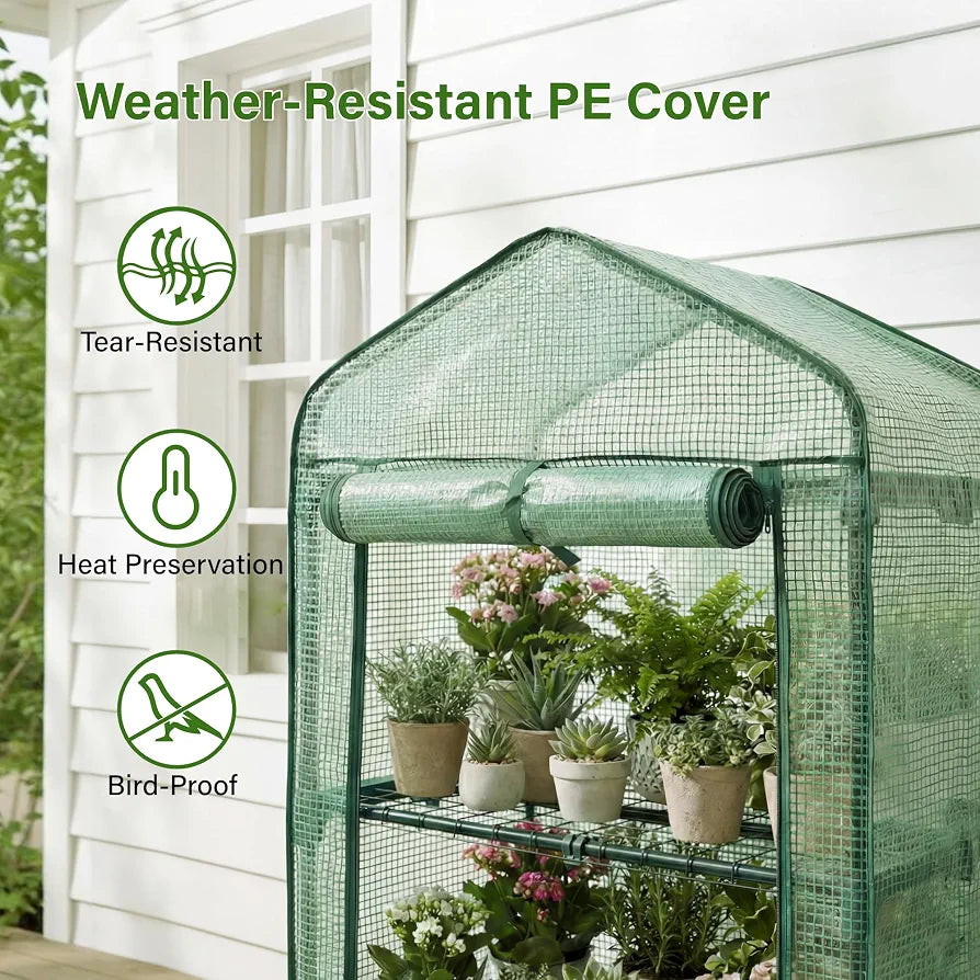 4 Tier Mini PE Greenhouse, Portable Green Houses with 4 Shelves and Shed Metal Frame, Weatherproof PE Plastic Cover & Roll up Zip Panel Door, Outdoor & Indoor, 50x45x158CM - Easy No Tool Assembly
